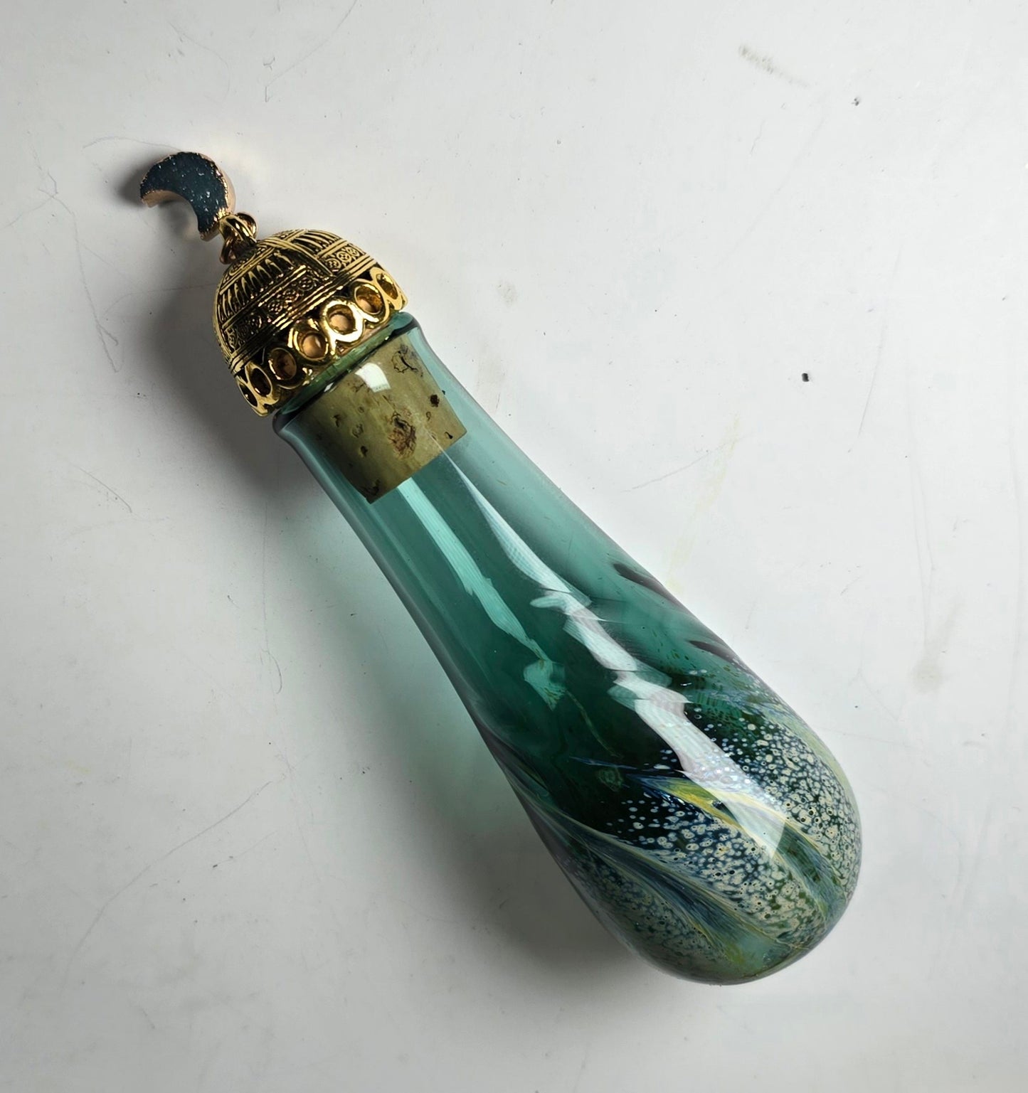 Handblown Glass Bodice Chiller with Fancy Gold Moon Top- Potion Bottle - Renaissance Faire Accessories