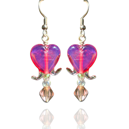 Bleeding Heart Flower-shaped earrings with pink and purple colors on a white background