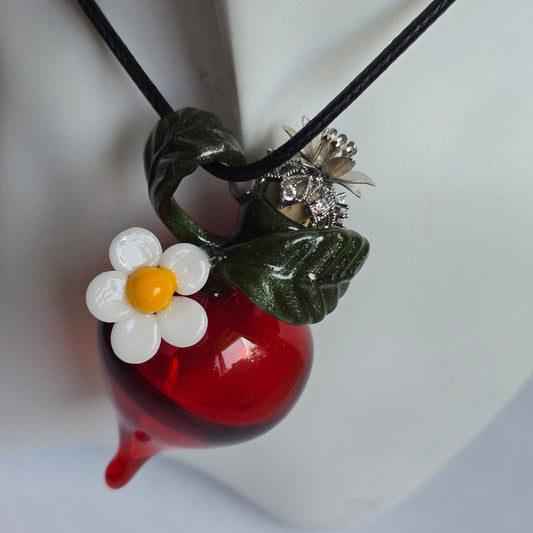 Strawberry Potion Bottle Pendant Silver Flower Topper