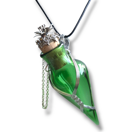 Handblown Glass Potion Bottle Necklace with Wire Wrapping and Fancy Closure