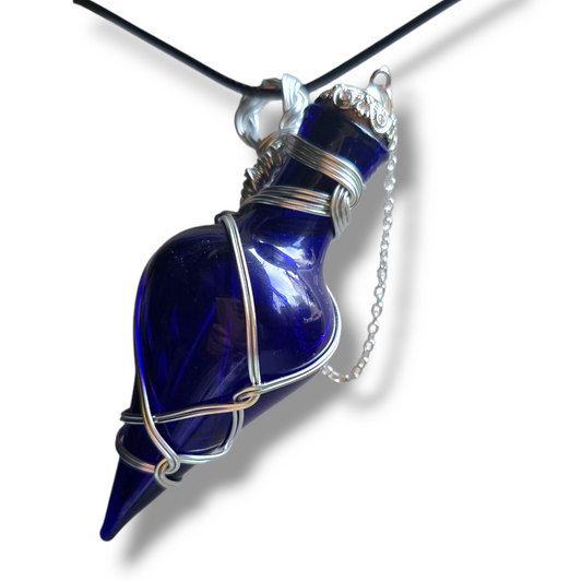 Handblown Glass Potion Bottle Necklace with Wire Wrapping and Fancy Closure
