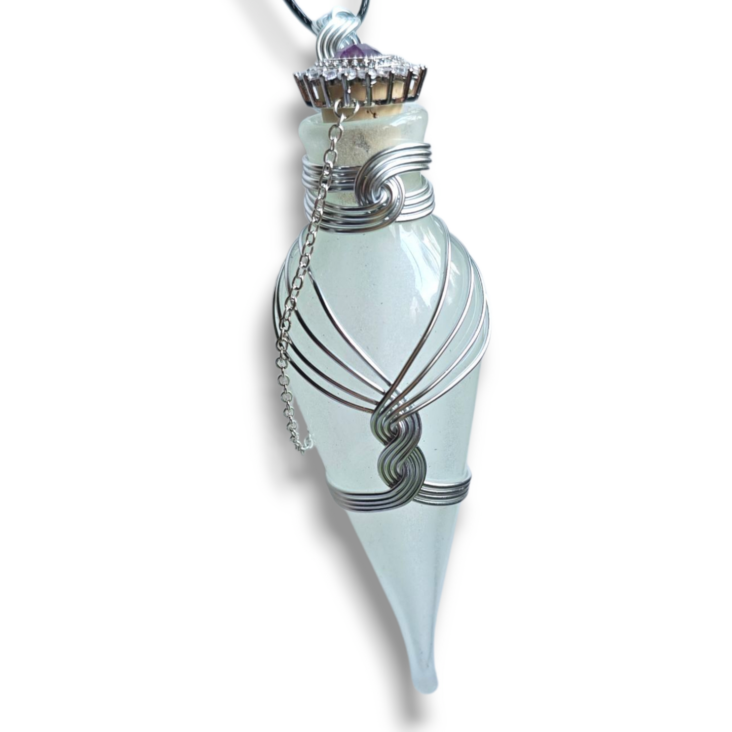 Potion Bottle Necklace, Glow in the Dark Handblown Glass, Wire Wrapped with Ornate Closure