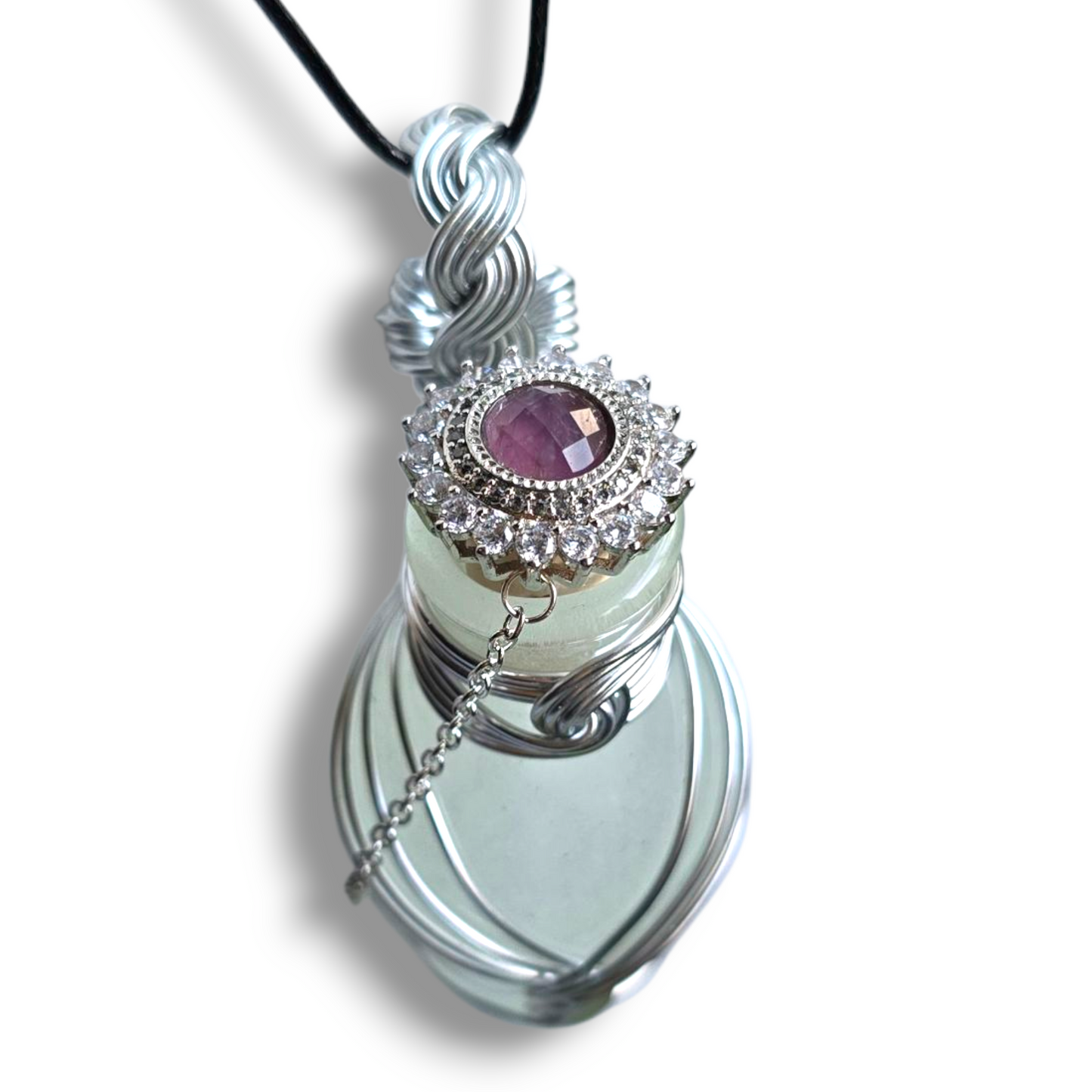 Potion Bottle Necklace, Glow in the Dark Handblown Glass, Wire Wrapped with Ornate Closure