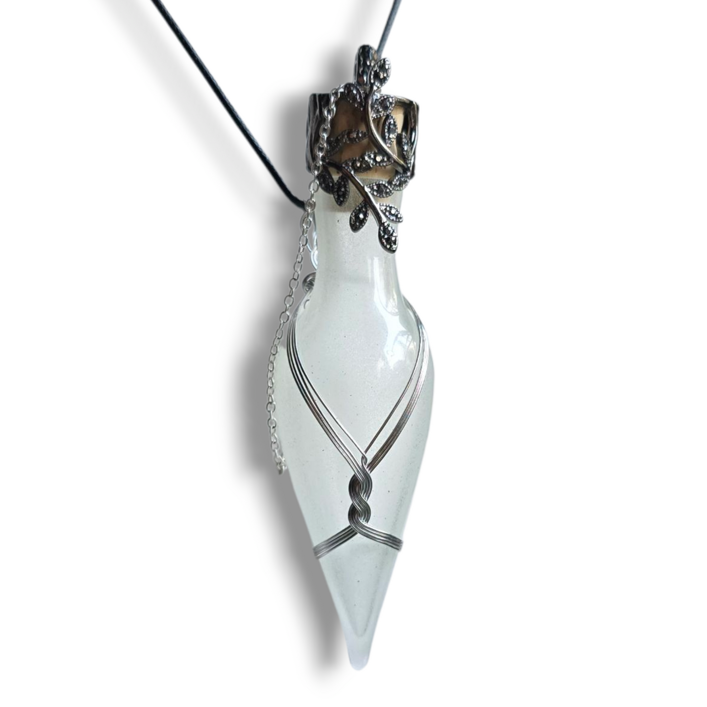 Potion Bottle Necklace, Glow in the Dark Handblown Glass, Wire Wrapped with Ornate Closure