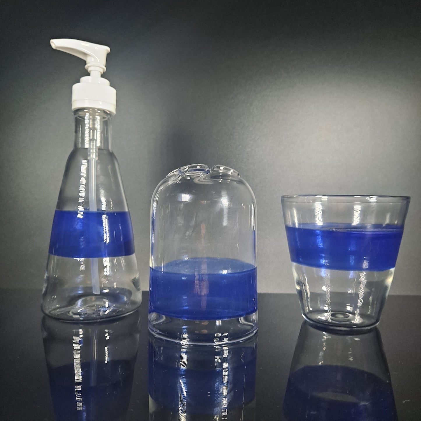 Blue Satin Encalmo Glass Bathroom Set, Tooth Brush Holder, Drinking Glass, & Soap Dispenser