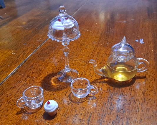 Miniature Glass Tea Pot and Cups 1:6 scale
