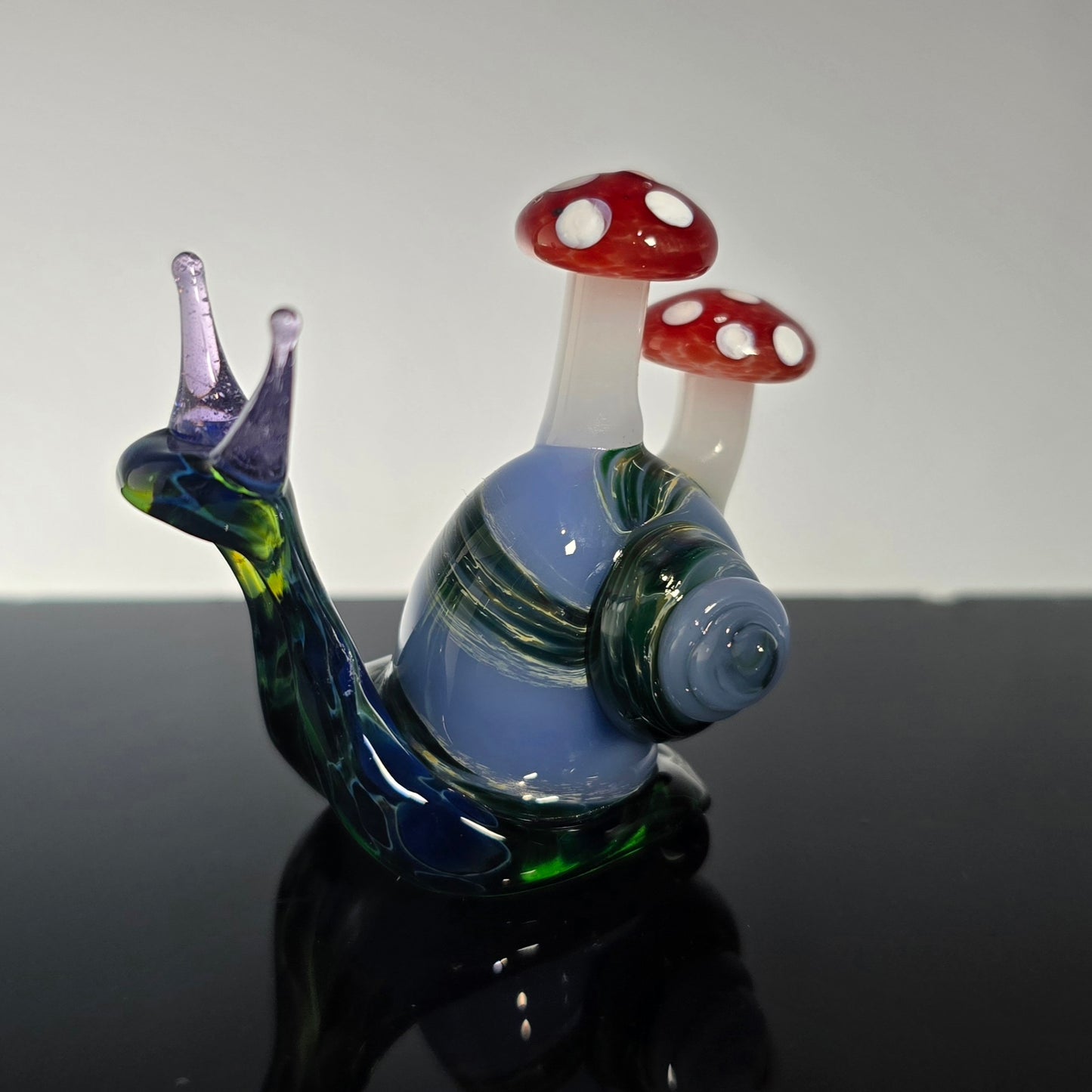 Handmade Glass Snail Figurine with Mushrooms
