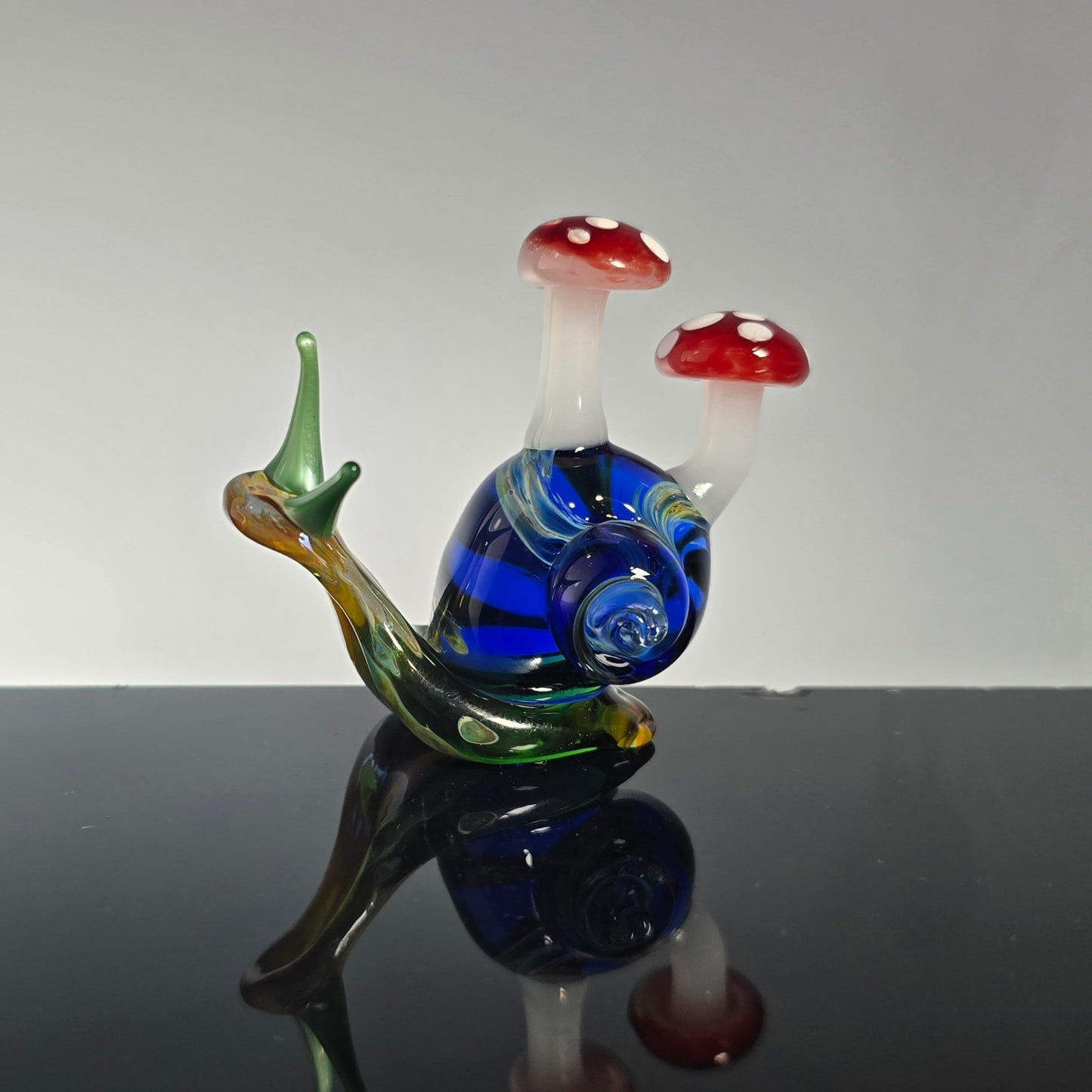 Handmade Glass Snail Figurine with Mushrooms