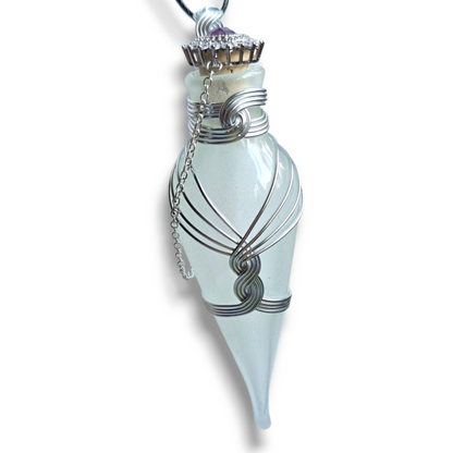 Potion Bottle Necklace, Glow in the Dark Handblown Glass,  Wire Wrapped with Ornate Closure