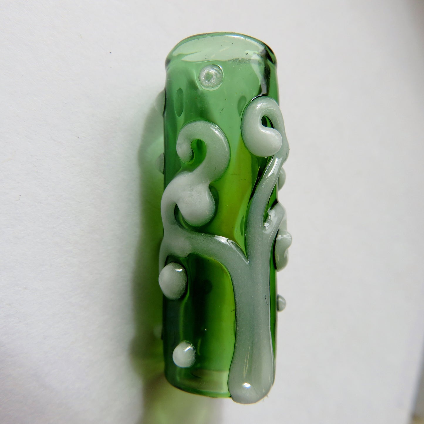Glow in the Dark Spiral Tree on transparent green 8mm Bead Hole small size, Hand Blown Glass Dread Bead