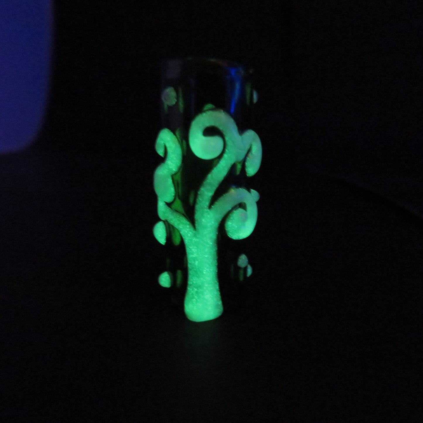 Glow in the Dark Spiral Tree on transparent green 8mm Bead Hole small size, Hand Blown Glass Dread Bead