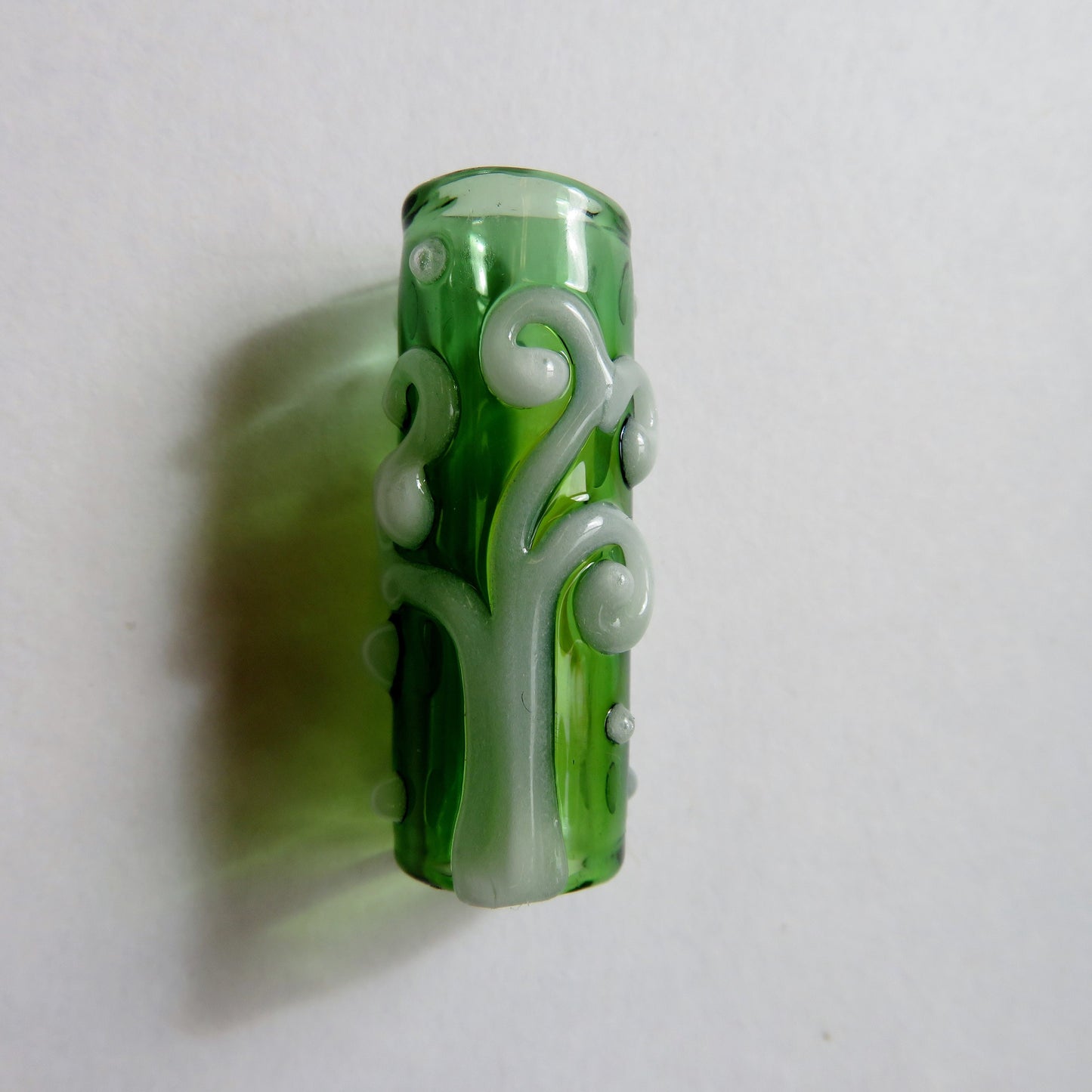 Glow in the Dark Spiral Tree on transparent green 8mm Bead Hole small size, Hand Blown Glass Dread Bead