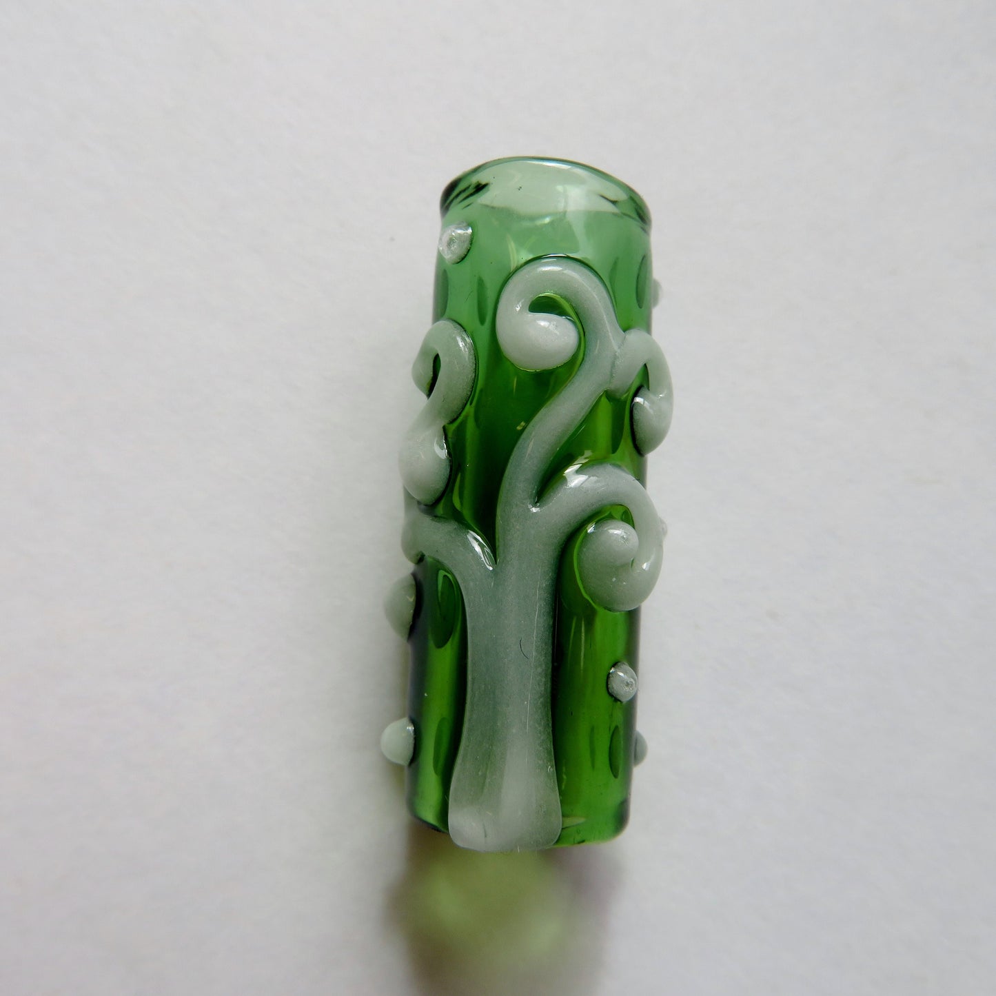 Glow in the Dark Spiral Tree on transparent green 8mm Bead Hole small size, Hand Blown Glass Dread Bead