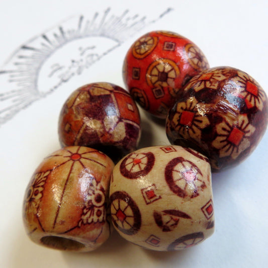 10 pack Assorted Patterned Wood Dread Beads - 7mm BEad Hole - Wooden Dread Beads, Wood Dreadlock Beads