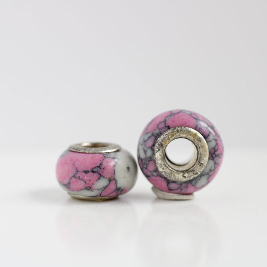 2 Pink Ceramic & Sterling Silver Dread Beads - 5mm bead hole - Dreadlock Bead, Dread Accessories, Dread Lock Beads, Large Hole Bead