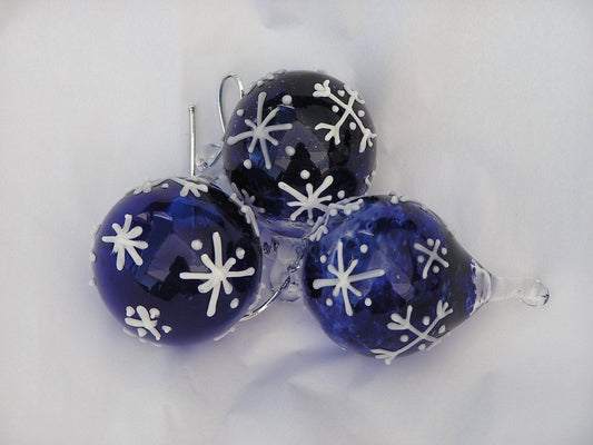 Snowflake Glass Ornament - Cobalt Blue Glass with Hand Drawn Snowflakes, Made to Order