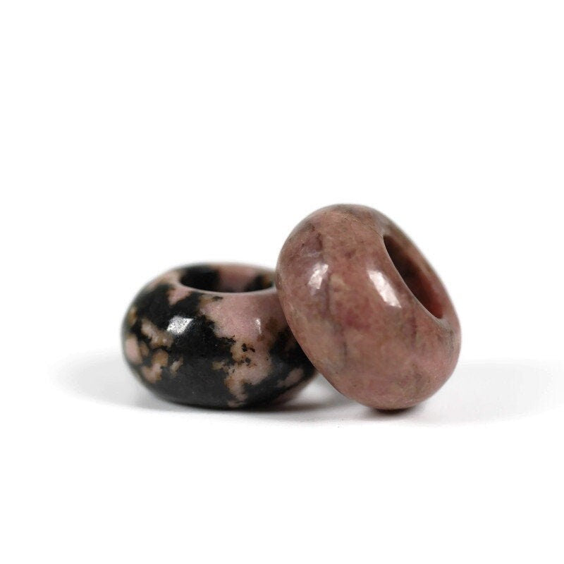 Rhodonite Dread Bead / Set of 2 beads - 6mm bead hole / Dreadlock Beads, Dread Jewelry, Dread Accessories, Loc Jewelry,   Stone Dread Beads