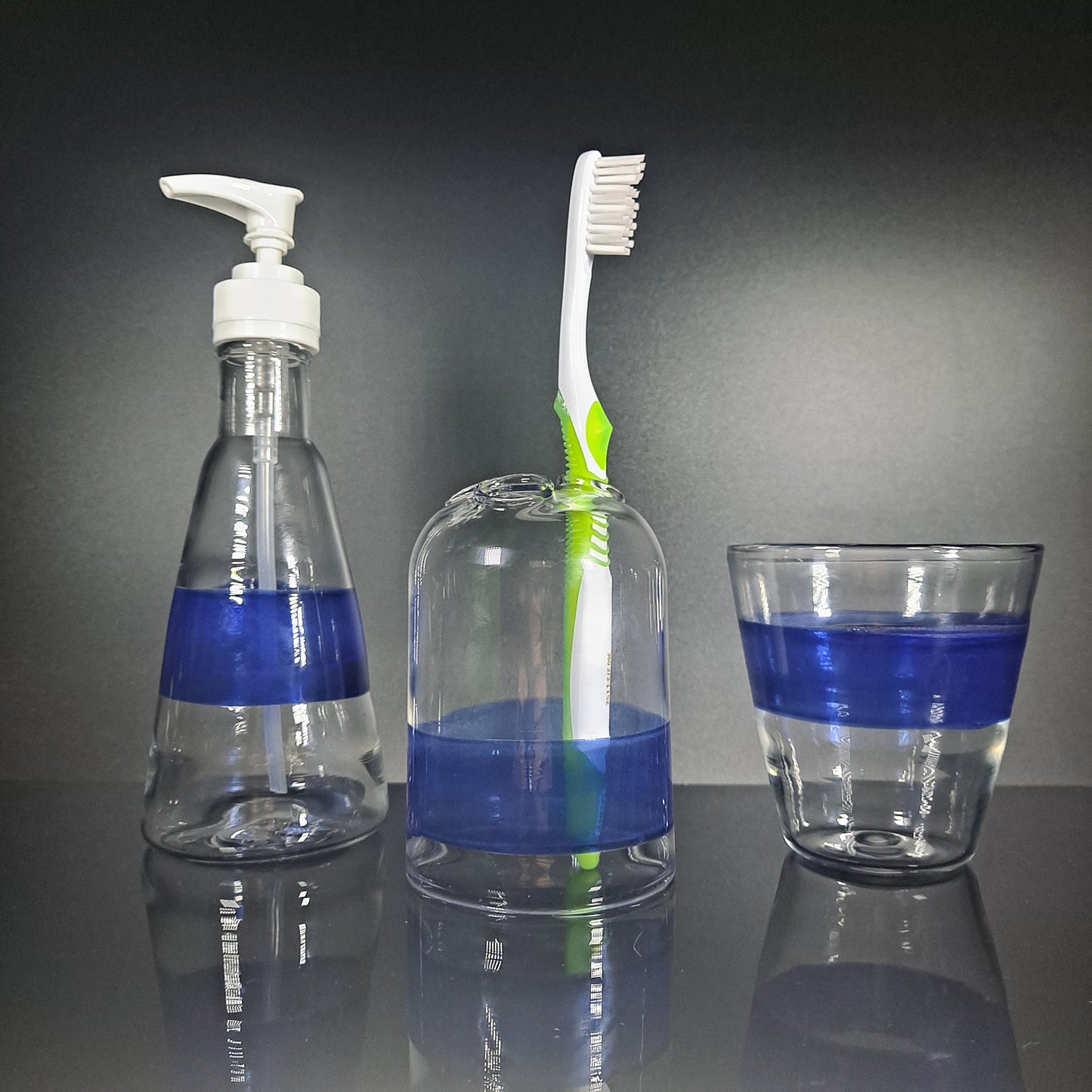 Blue Satin Encalmo Glass Bathroom Set, Tooth Brush Holder, Drinking Glass, & Soap Dispenser