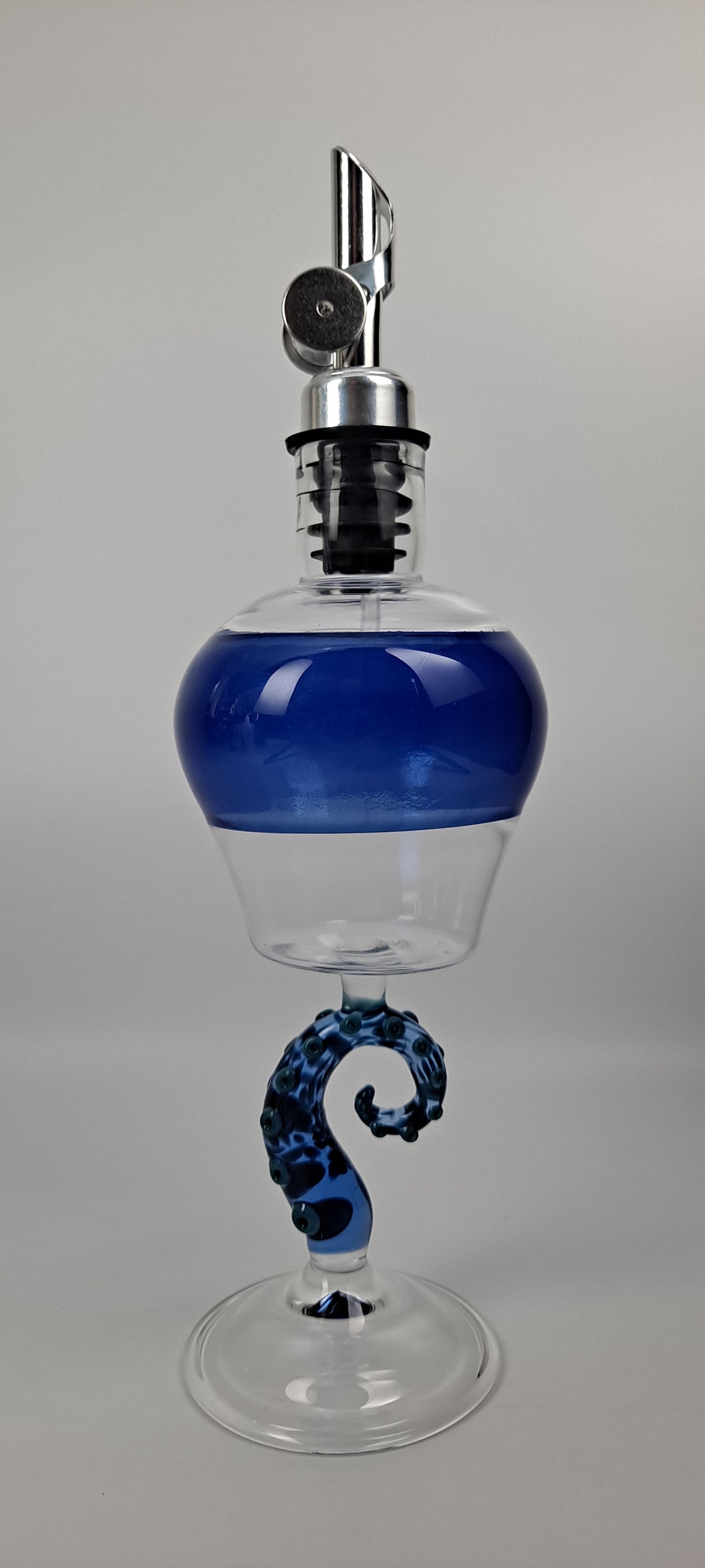 Olive oil Bottle, Octopus Tentacle Stem & Encalmo Blue Satin Bottle, Ready to Ship