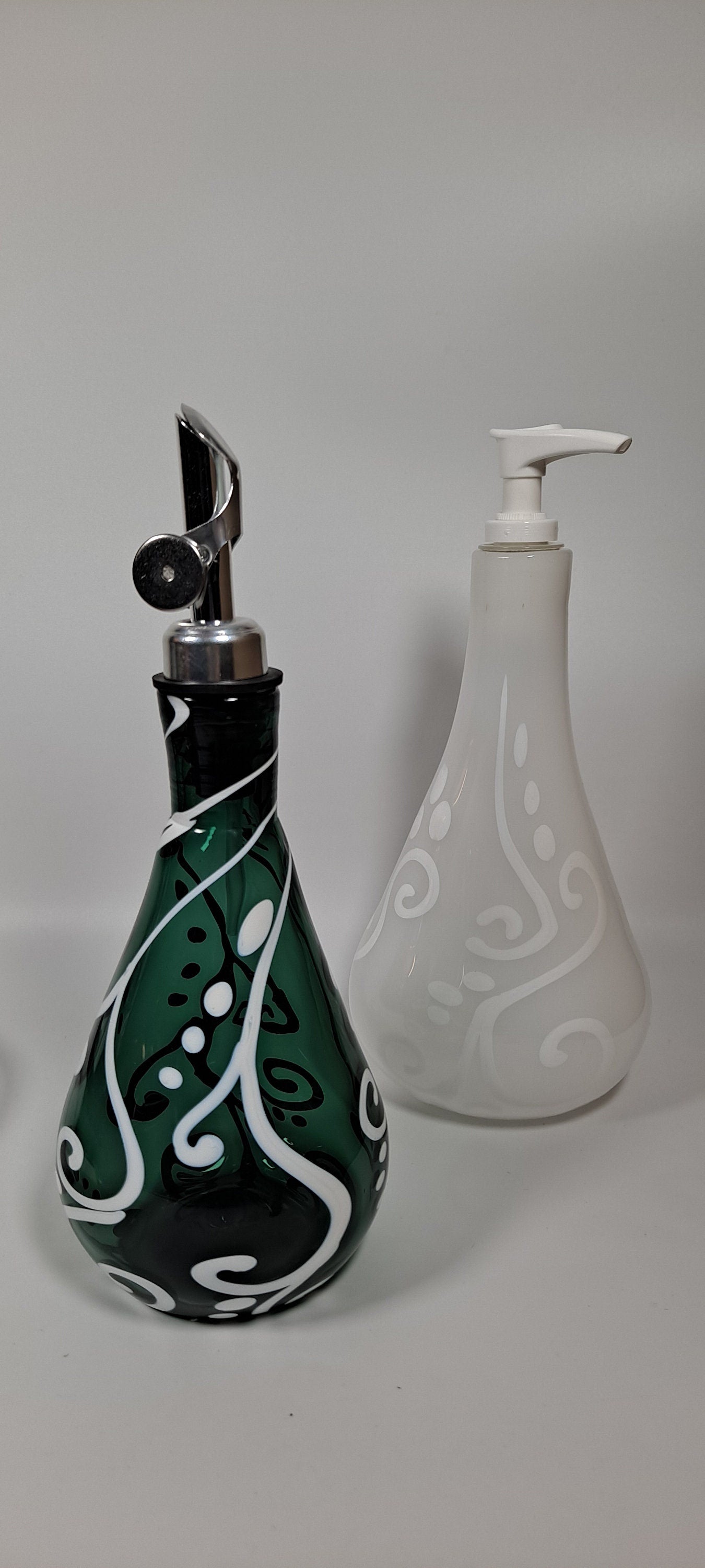 Olive Oil Bottle, Fancy White Teal Glass Oil Bottle, A0148, Ready to Ship